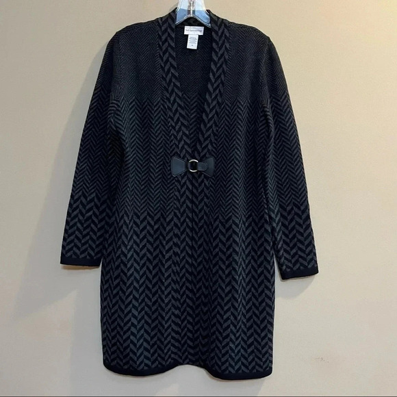 Soft Surroundings Womans Herringbone Wool Blend Cardigan Sweater Black Gray Med - Picture 1 of 8